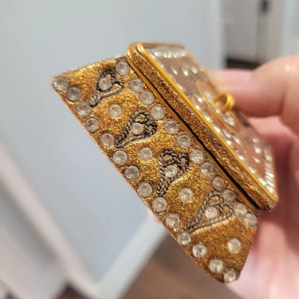 Vintage Pier 1 Jeweled Trinket Box Square Hexagon Jewelry Small 3x3x1 Gold Boho